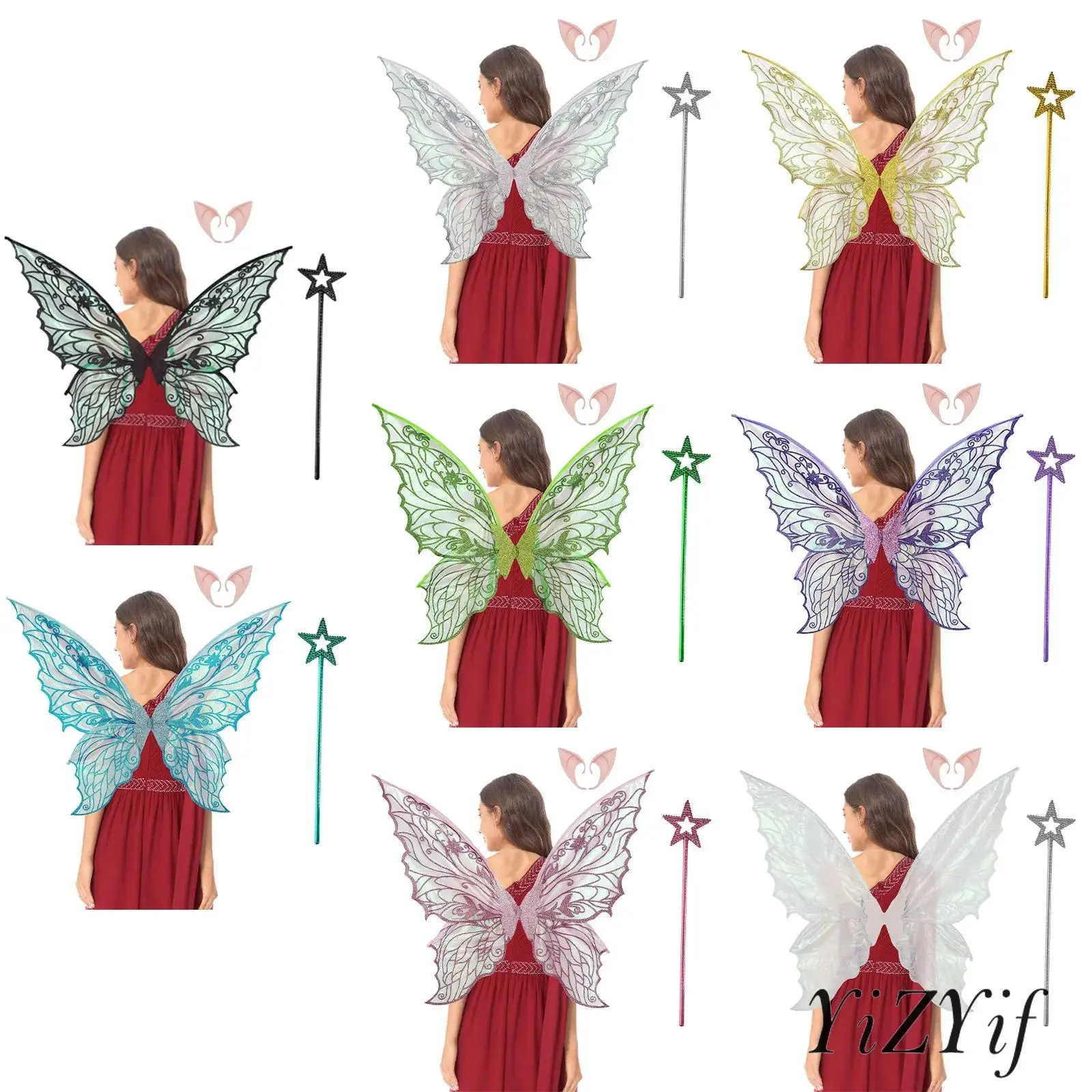 1 Set Gradient Sheer Shiny Wing+Realistic Elf Ears+Fairy Stick Set Party Props for Halloween Carnival Masquerade Cosplay Party