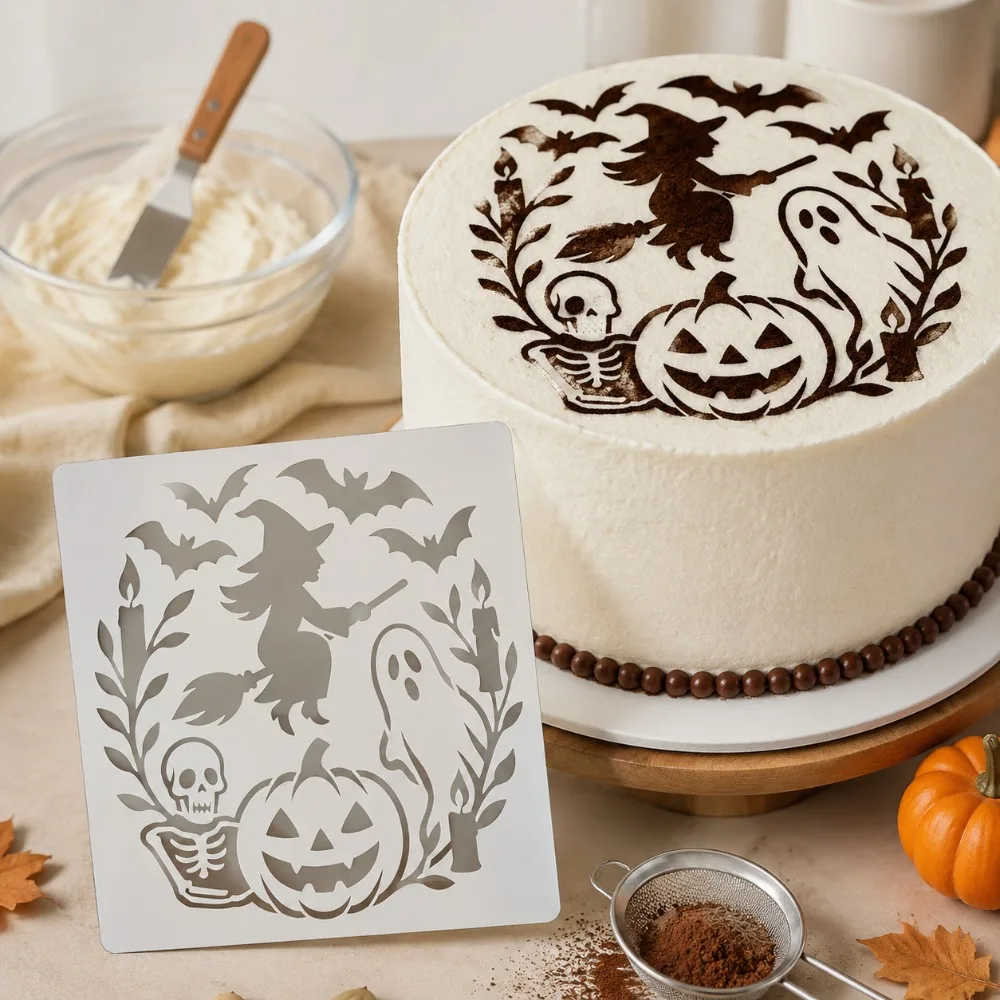 1‑Pack Halloween Cake Stencil, Witch Pumpkin Ghost Bat Pattern, Food‑Safe PET Template for Party Cake Cookie Fondant Decor
