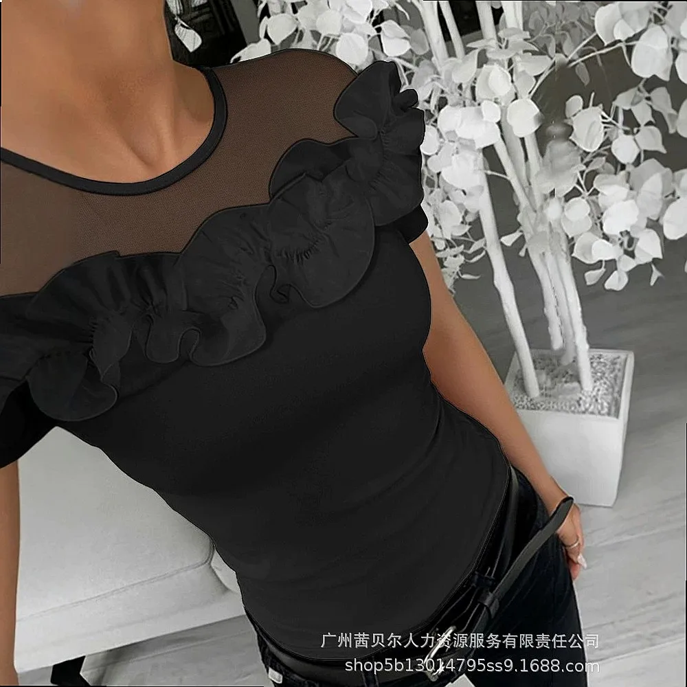 LZR20162 2026 summer short-sleeved mesh stitching three-dimensional flower slim-fit top 3