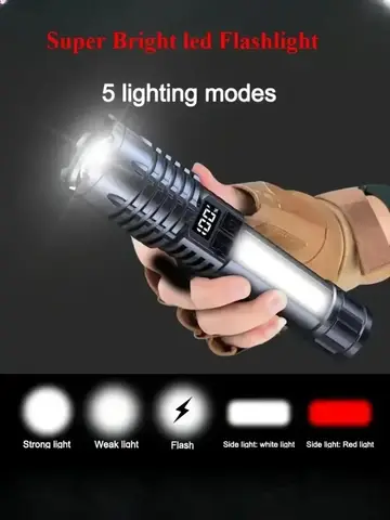 High Power LED Flashlights With Display Screen Zoom Tactical Torch Portable Rechargeable Lamp with Emergency Side Light Lantern