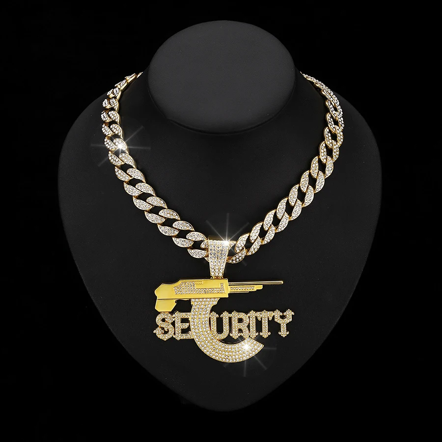 Factory sell Iced out cuban chain with alloy and bling rhinestone hip hop letter gun shape pendant necklace