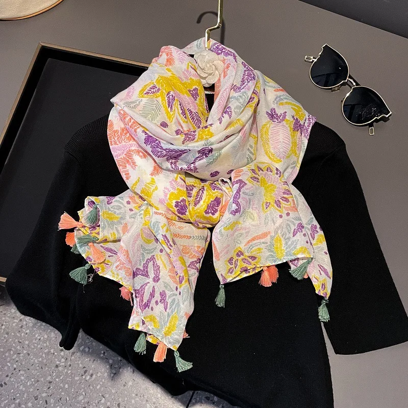 Aztec Ethnic Ink Painting Floral Tassel Viscose Shawls Scarf Lady High Quality Wrap Beach Stole Bufandas Muslim Hijab 180*90Cm