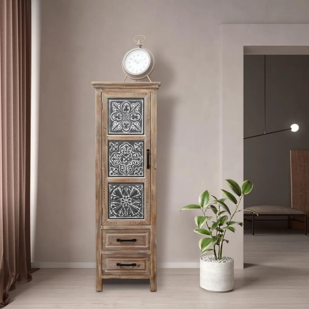Gray Tall Tower Storage Cabinet with Rustic Wood Design for Versatile Home Buffet and Organization
