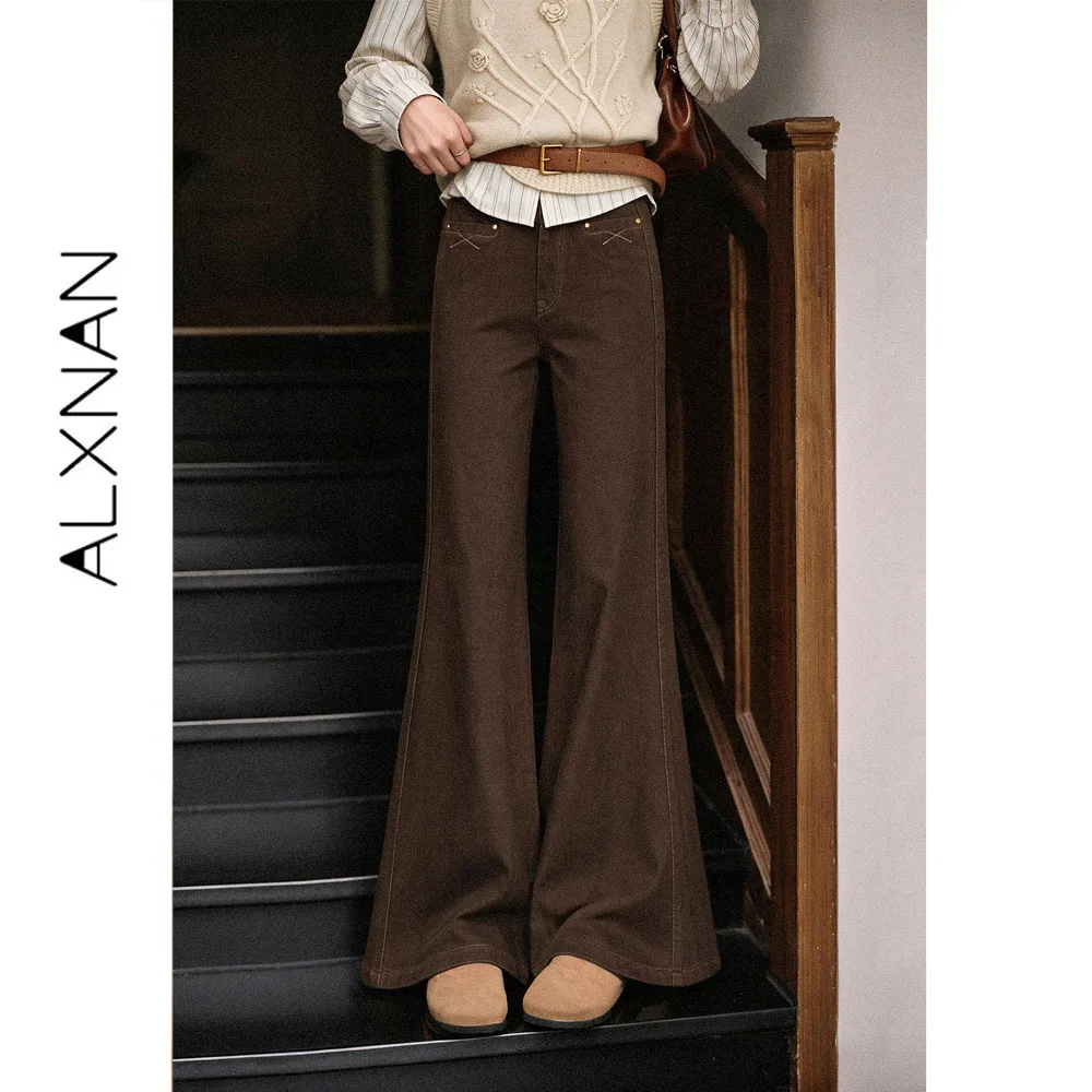 ALXNAN Maillard Brown Flare Jeans Women Autumn High Waist Elegant Straight Long Pants 2026 Fashion Baggy Denim Pants L678101A