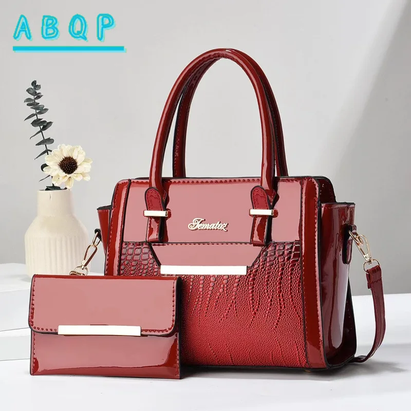 

ABQP New Women's Shoulder Bag Luxury Fashion 2-piece Women's Handbag Large Capacity Bright Leather Women's Bag High Quality