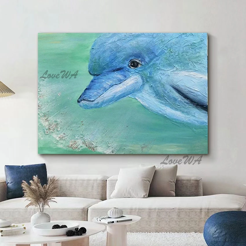 Linen Canvas Picture Unframed Modern European Art Animal Oil Painting Abstract Christmas Wall Decor 3D Dolphin Hand Drawing