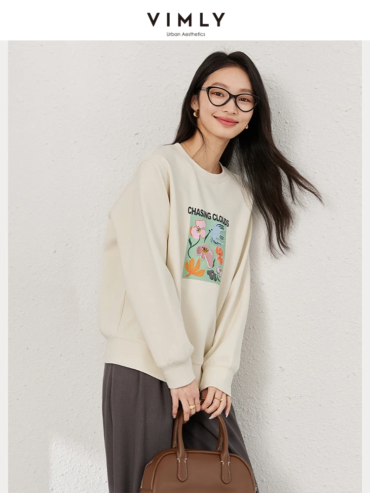 VIMLY Women Casual Simple Sweatshirts 2025 Spring Watercolor  Boho Graphic Flower Printed Pullover Long Sleeve Commuter TopA0500