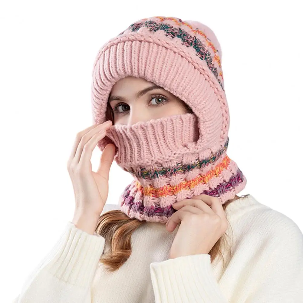 Women Ski Hat Women Winter Hat Women’s Winter Ski Hat with Long Scarf Full Face Guard Thermal Fleece Headgear Patchwork Color