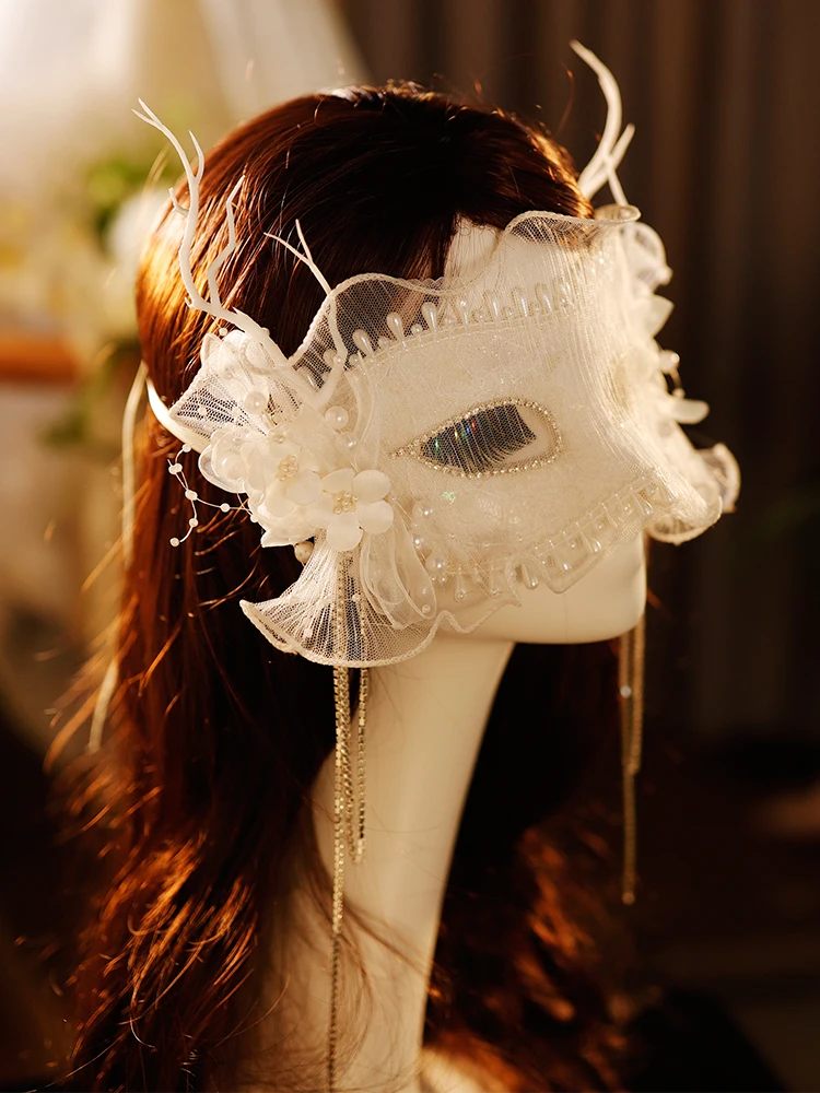 White veil antler mask half face girl christmas masquerade party props