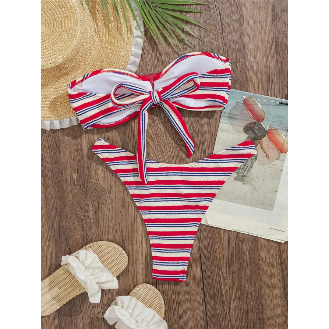 Sexy gestreifter Bandeau-Bikini, Damen-Badeanzug, zweiteiliges Bikini-Set, brasilianischer Badeanzug mit Polsterung, Badebekleidung, Schwimmanzug V7790 – Detail 6