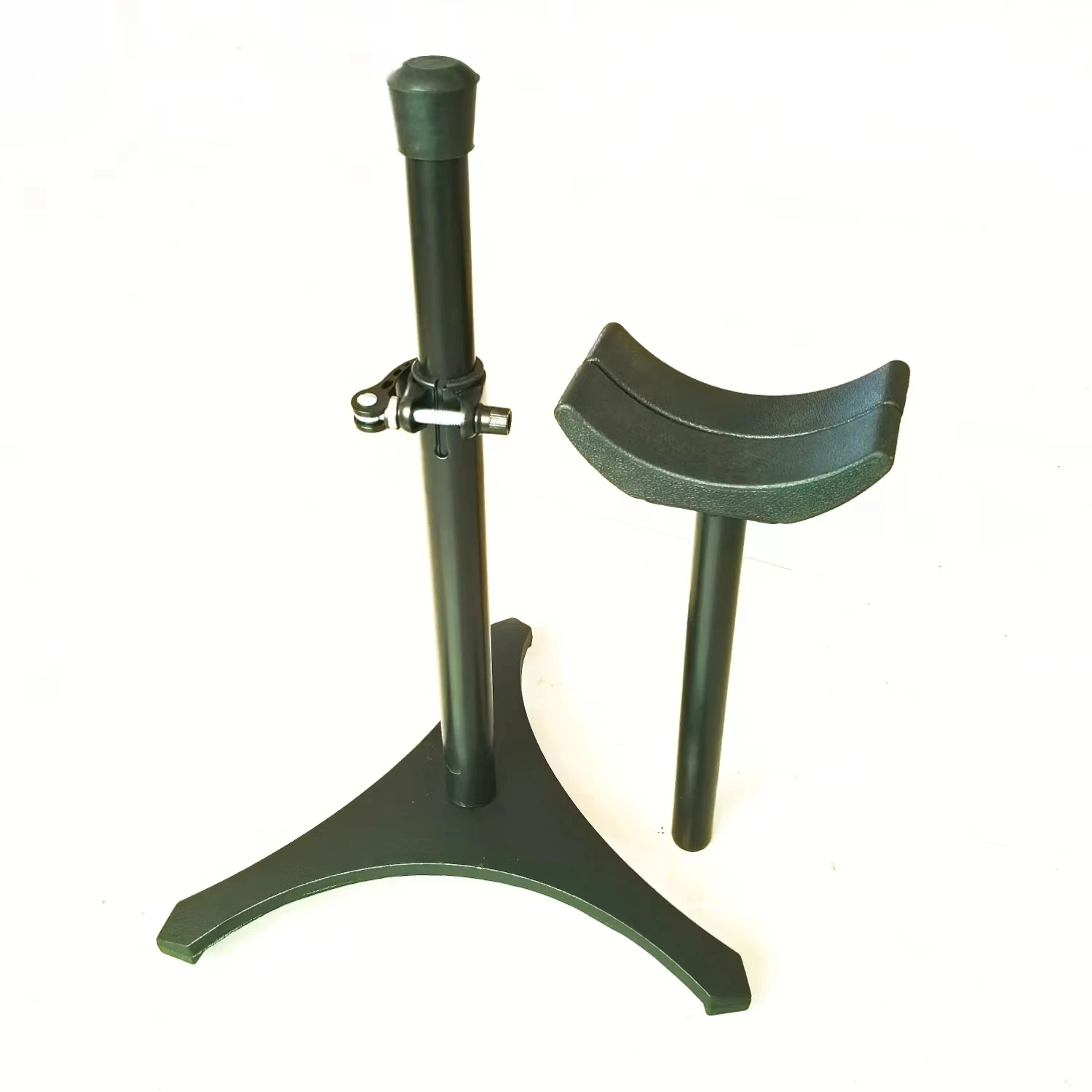 A horseshoe shaped metal bracket with adjustable height for a blacksmith's horseshoe repair, horseshoe bracket, black