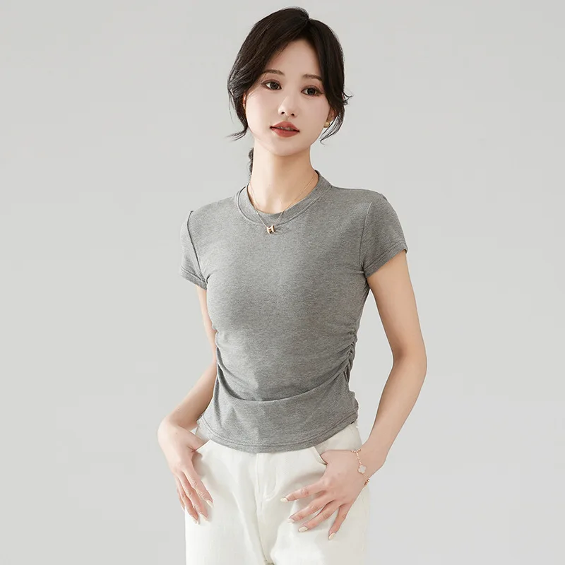 

Round Neck Short-sleeved T-shirt for Women in Spring and Summer New Pleated Waist-hugging Sweet Base Top