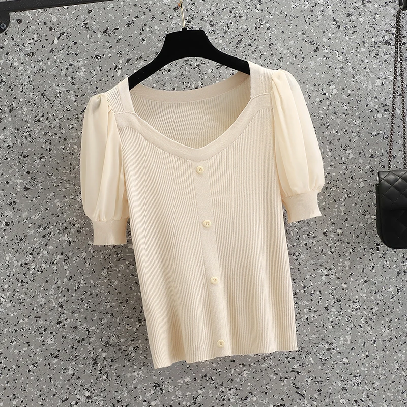 4XL size women Summer chiffon sleeve kintting T-shirt top 2022 short sleeve v neck button Oversized sweater pullover