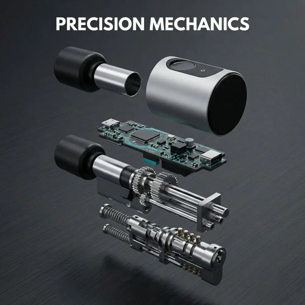 

Компактный электронный замок черного цвета с технологией распознавания отпечатков пальцев, умный замок цилиндрического типа с подключением по Bluetooth