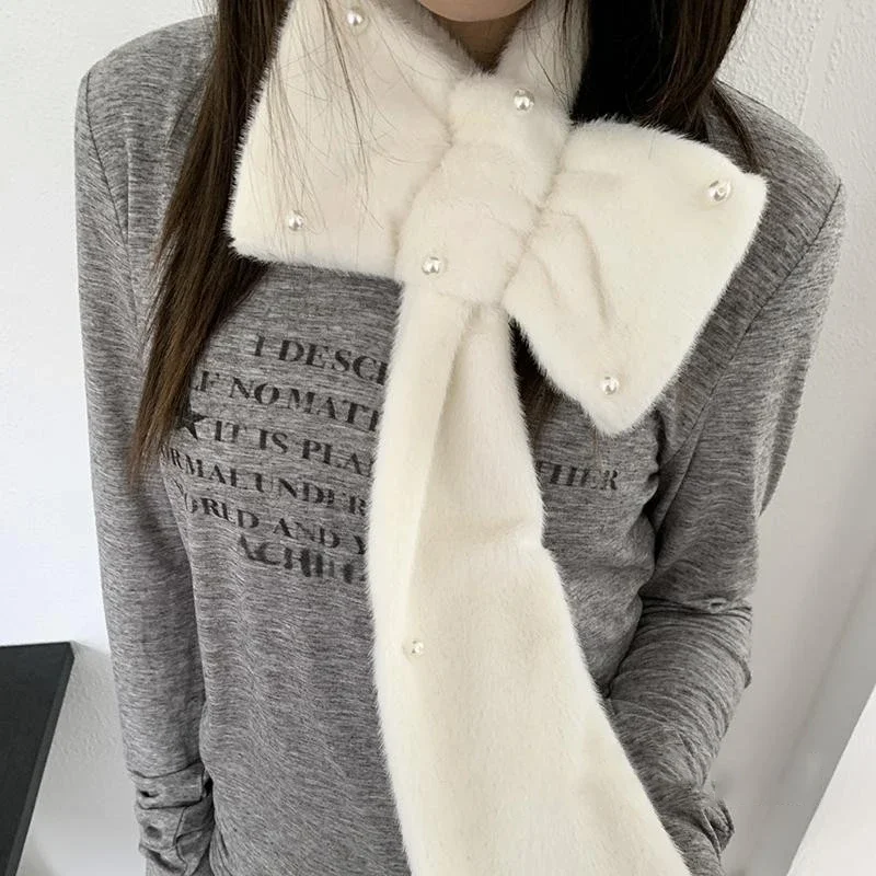 

Зимний теплый шарф в стиле ретро, женский шарф с бантом и жемчугом, имитация кроличьей шерсти, корейская версия, модные декоративные аксессуары для свиданий