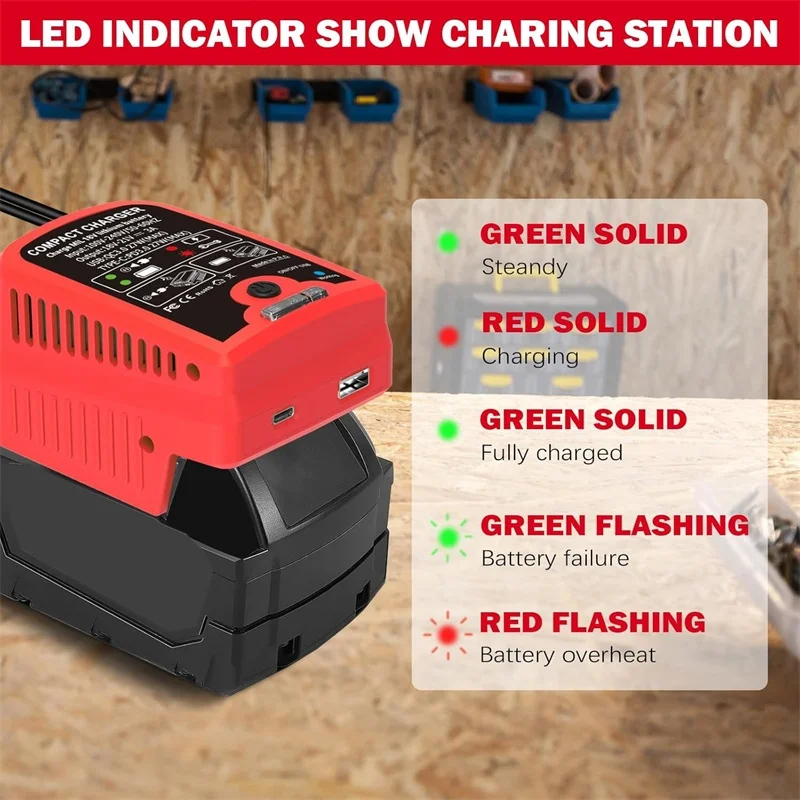 شاحن بطارية لميلووكي 18 فولت 48-59-1802 48-11-1850 48-11-1880 شاحن بطارية سريع مع منافذ إخراج USB ونوع C