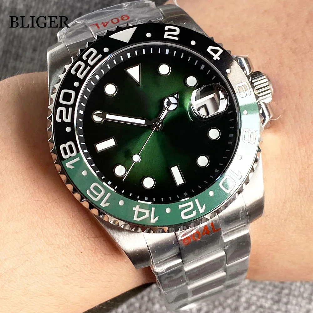 

BLIGER 40mm NH35A 20ATM Waterproof Diving Automatic Mens Watch Sunburst Green Red Dial Sapphire Glass Ceramics Bezel