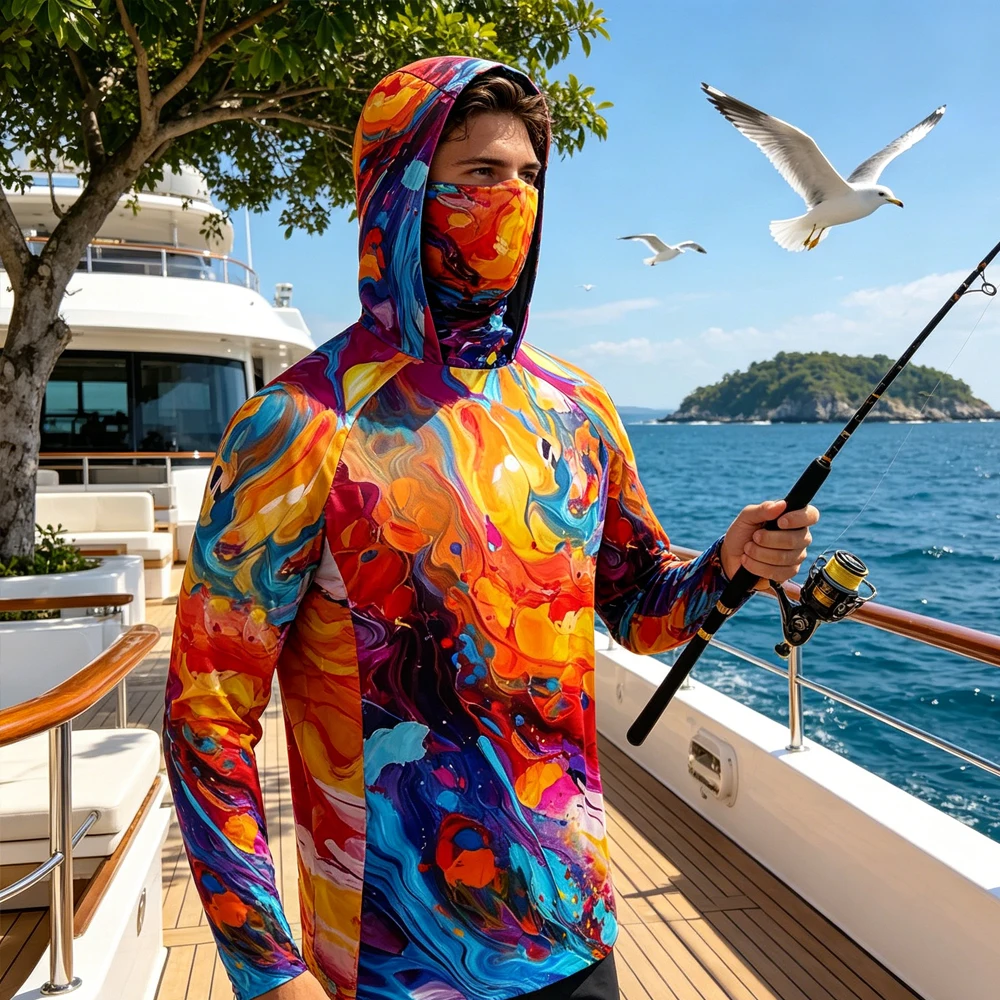 

Summer Fishing Hoodie With Face Mask Men Long Sleeve UPF50+ Sun Protection Quick Dry Breathable Outdoor Angling Fisherman Tops