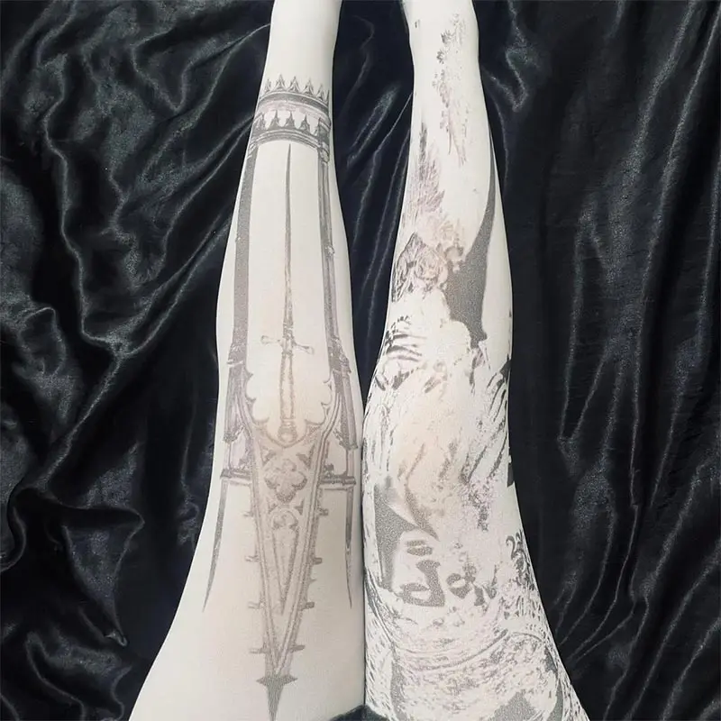 

Y2K белые сексуальные субкультуры граффити панк принт длинные носки Haraiuku выше колена до бедра чулки косплей милые носки Kawaii