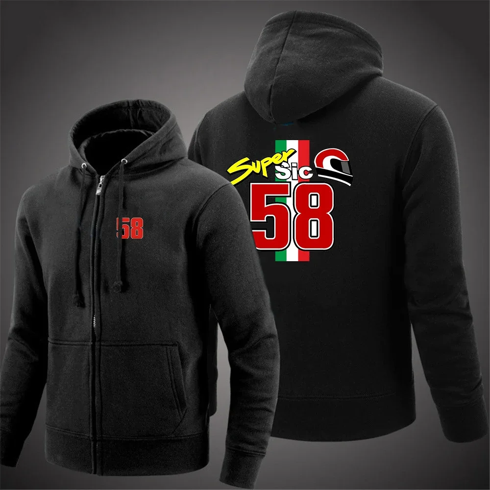 2024 Spring Autumn Men's Marco Simoncelli Super Sic 58 Logo Print Classic Solid Color Hooded Classic Long Sleeve Zipper Hoodies