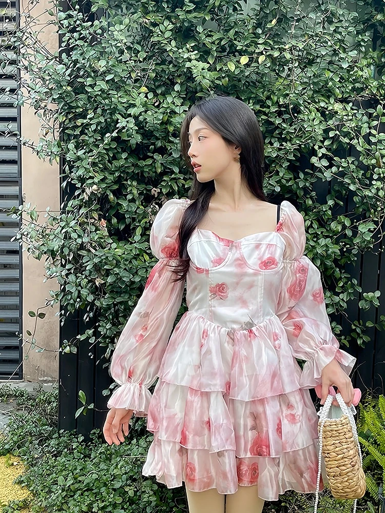 Summer Floral Sweet Elegant Dress Women Chiffon Print France Vintage Mini Dress Female Puff Sleeve Casual Fairy Dress 2023 New