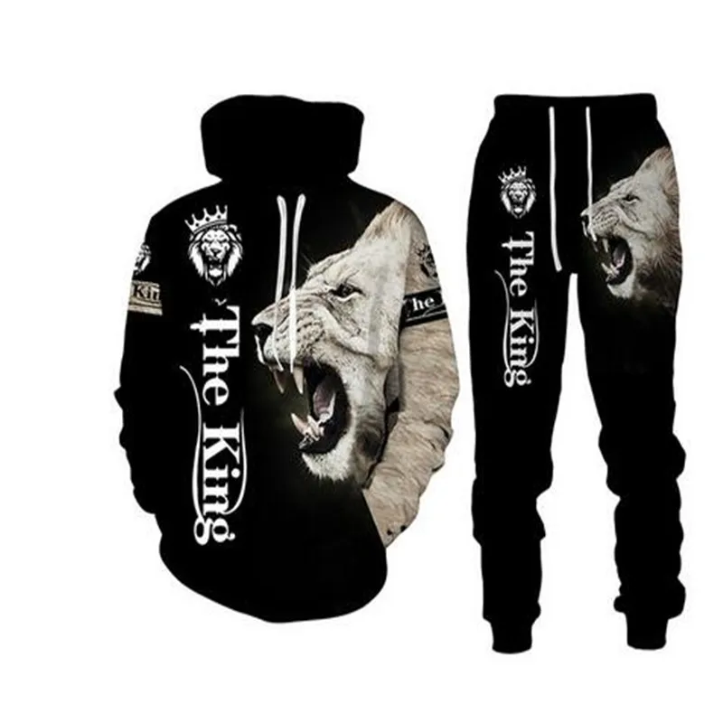 Conjunto de moletom com capuz de tigre masculino manga completa poliéster e algodão quente inverno interior animal 3d impresso sweatershirt calças homem agasalho