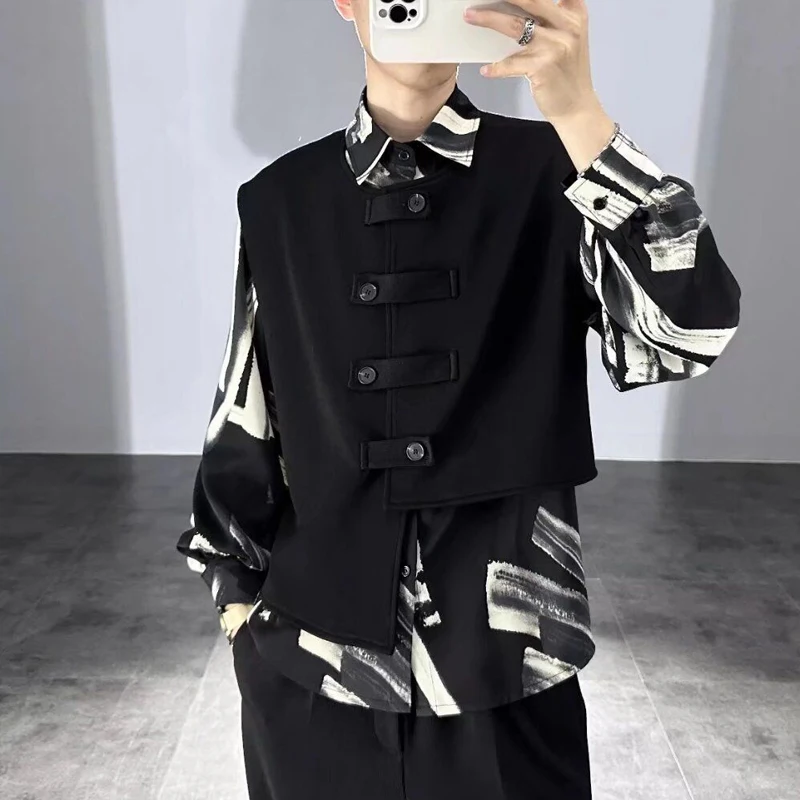 spring autumn new Turn-down Collar fashion Long Sleeve Printing shirt and man Solid color Round neck Asymmetrical Button vest