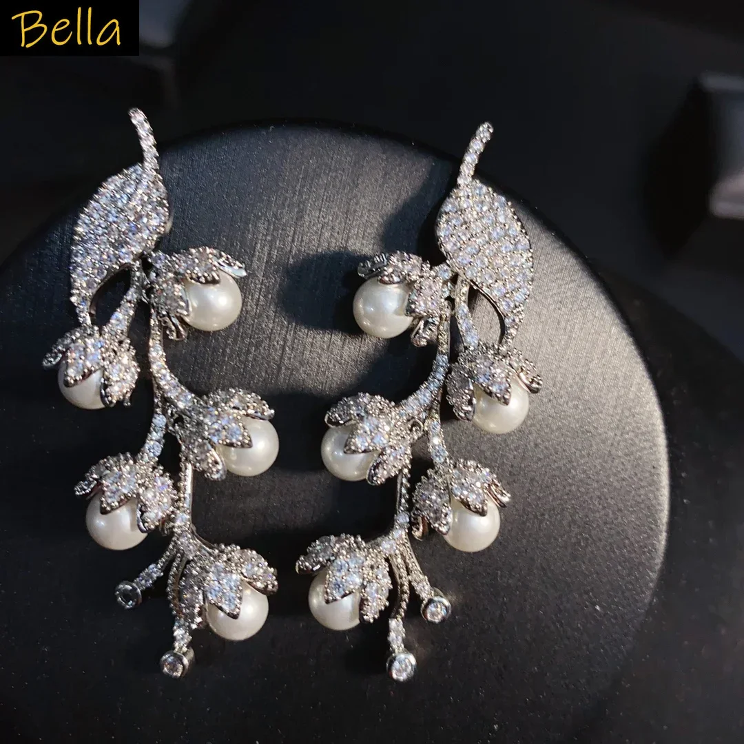 

2025 flower pearls dangle earrings for women wedding bridal luxury jewelry lily of the valley earrings white zircon dropshipping
