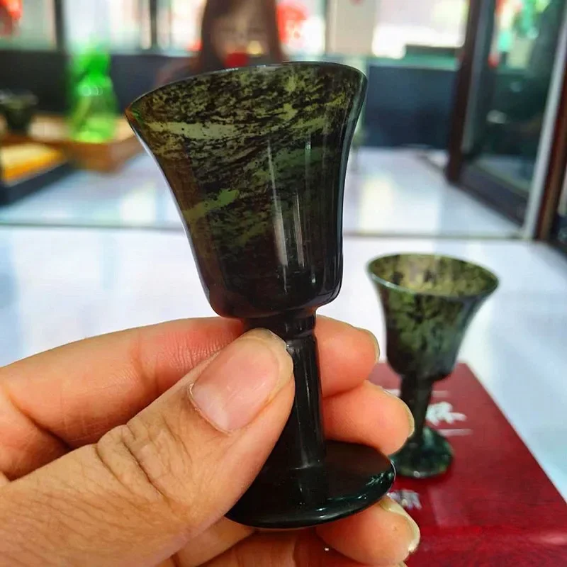 Natural Medicine King Stone Goblet Serpentine Jade Wine Ware Meteorite with Magnetic Wine Glass