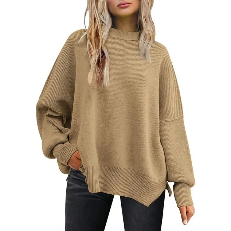 Sweter Rajut Garis-garis Modis Wanita Kasual Kerah O Lengan Kelelawar Longgar Belahan Samping Pullover Sweater Wanita Streetwear Musim Gugur Musim Dingin Terbaru
