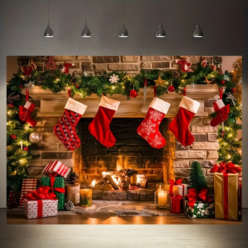 Christmas party background cloth, festive banners with trees, socks, etc.Suitable for festive decoration, photography background