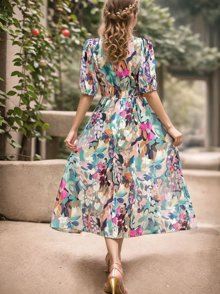 New Boho Floral Print Midi Dress Women Fashion V-Neck Short Sleeve Dresses For Women 2025 Summer Casual Holiday Long Dress
