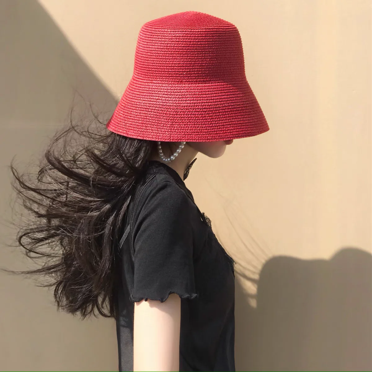 solid Flat bucket hat foldable basin hat vintage bucket straw hat women\'s summer beach small-brimmed sunhat sun protection