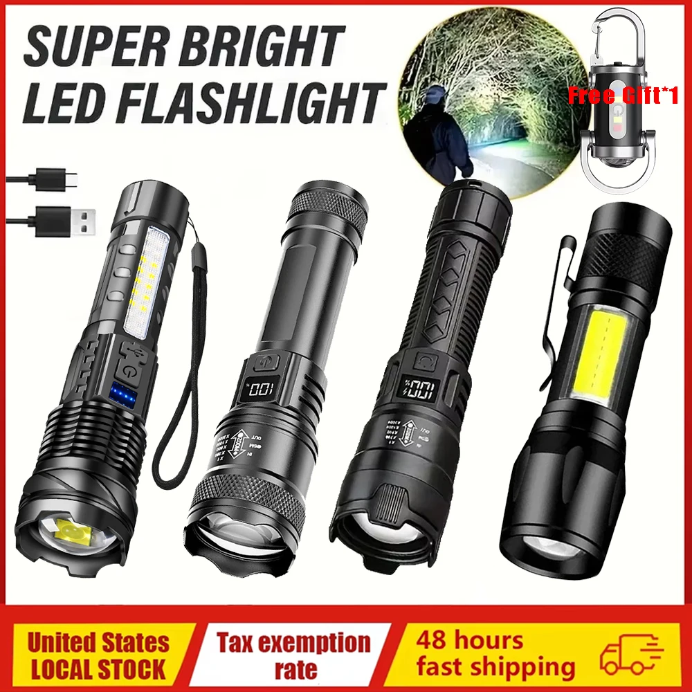 2PCS Ultra-bright LED Flashlight Rechargeable Telescopic Zoom Tactical Flash Light Emergency Torch for Outdoor Camping Fishing