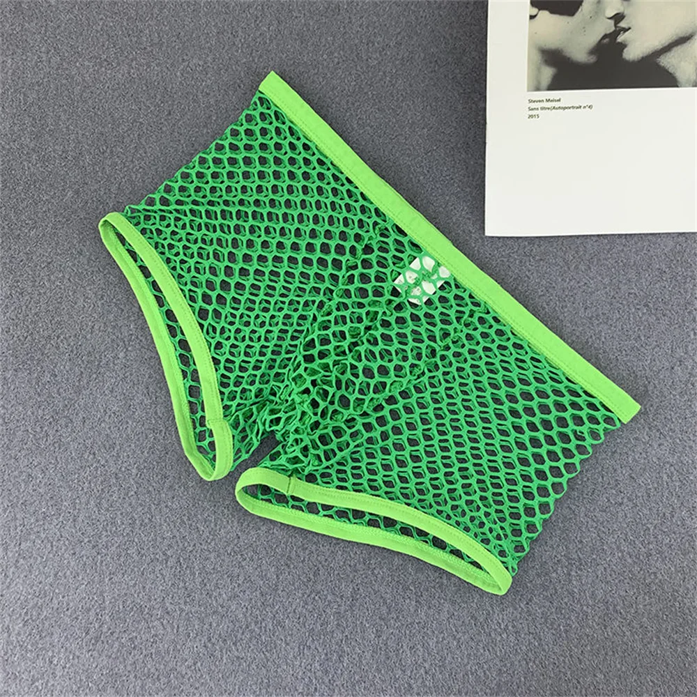 Large Hole Transparent Boxers for Men Low Waist Stretch Mesh Underwear Breathable Solid Panties Shorts