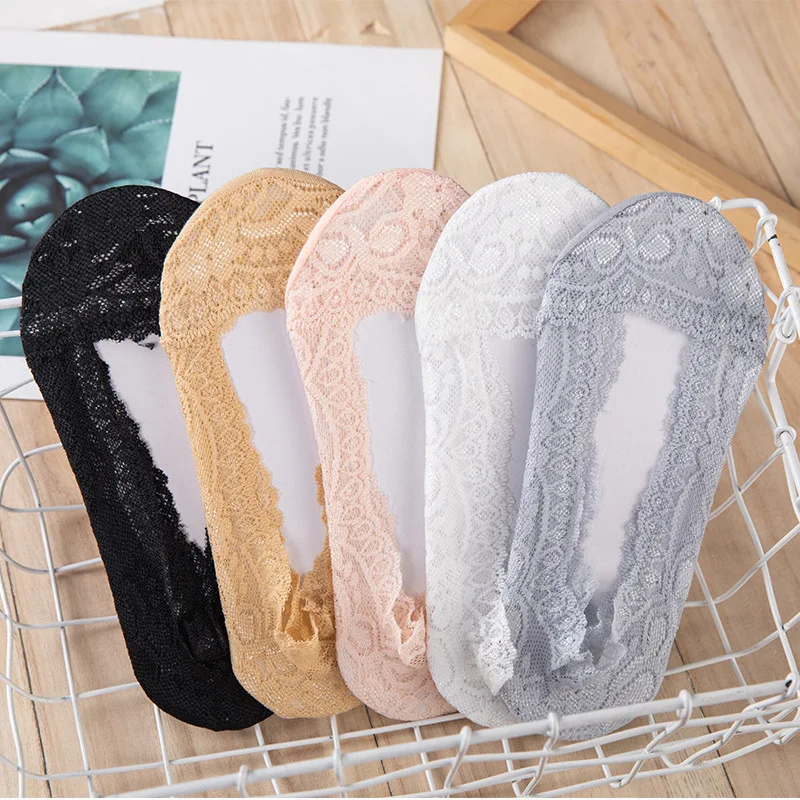 5 pares de calcetines de verano a la moda para mujeres y niñas, calcetines cortos de encaje con flores, calcetines tobilleros invisibles antideslizantes, nuevos