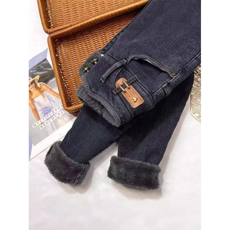 

Осень-зима 202, Новое поступление, женские джинсы скинни с высокой талией, эластичные расклешенные брюки-карандаш с теплой подкладкой