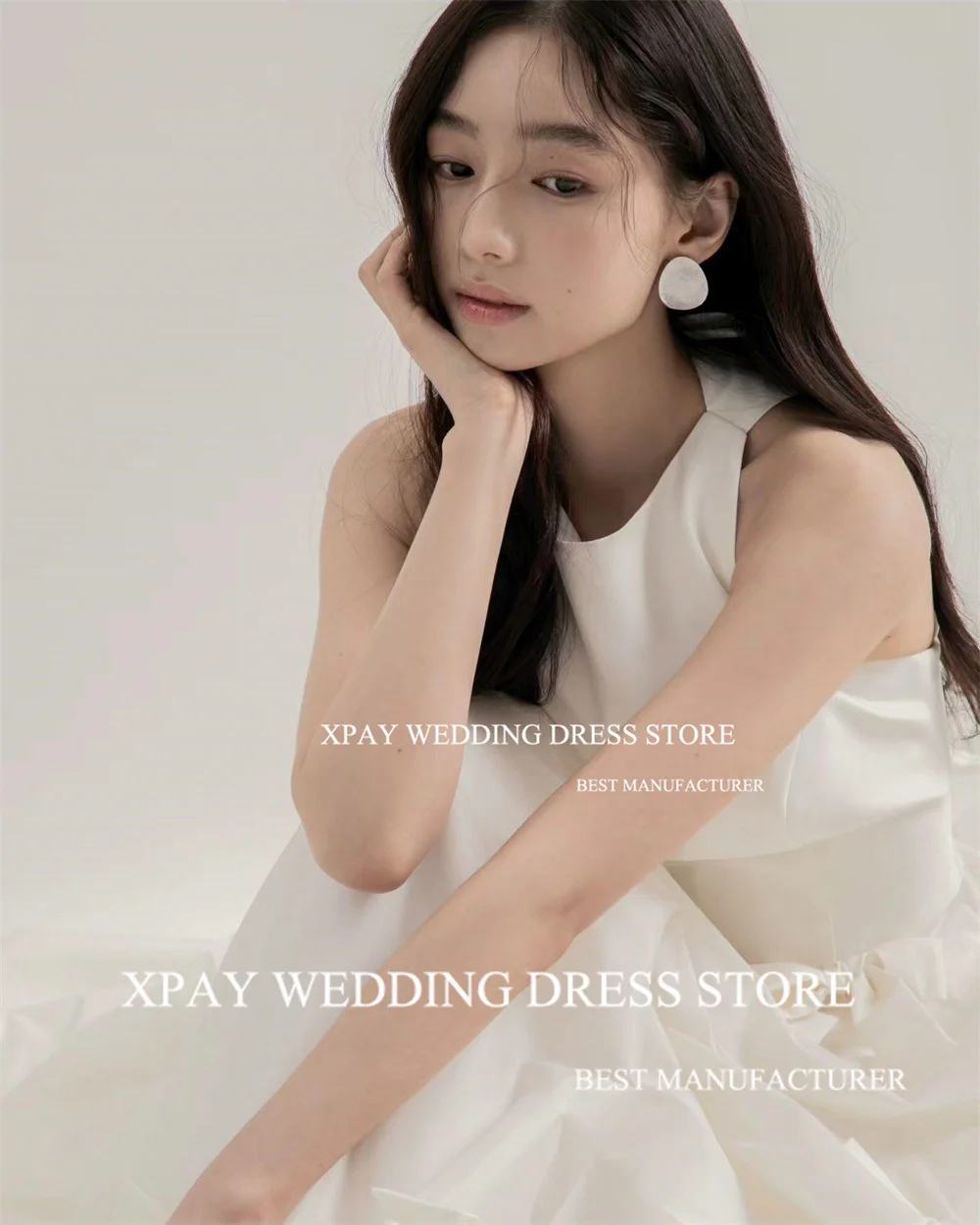 XPAY O Neck Korea Wedding Dresses Ruched Tiered Cut Out Back Wedding Photography Gowns Sleeveless Floor Length Robe de marriage