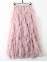 TIGENA Tutu Tulle Gonna lunga lunga moda donna 2023 coreano carino rosa a vita alta gonna a pieghe maglia femminile Lady estetica Faldas