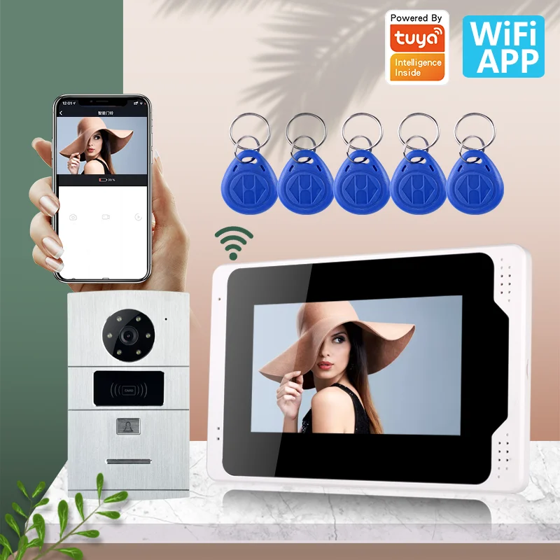 Smart Home Cable AHD1080P Camera Wifi 7 Inch Video Door Bell Intercom Night ID Card Tuya APP Wireless Call For IOS Andriod