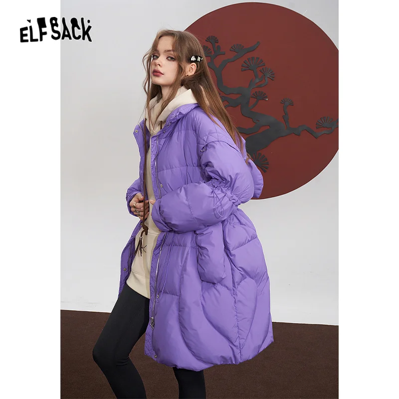 ELFSACK Purple Warm Down Coats Women 2023 Winter Loose Mid-length Designed Outwears