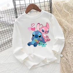 Stitch Disney Children Long Sleeve T-shirt Autumn Boys Girls Printed White Sweatshirt Casual Clothing Cartoon Anime Kids Gifts