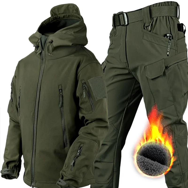 Winter Waterproof Tactical Jackets Sets Men Outdoor Soft Shell Hiking Hunting Jacket Suit Fleece Cargo Pant Tracksuits