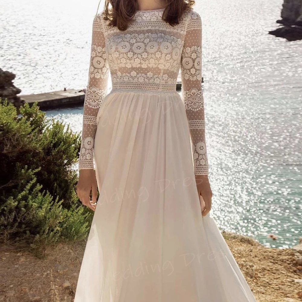 Vestidos de novia de corte en A para mujer, ropa de manga larga con cuello redondo, Apliques de encaje elegantes, Playa