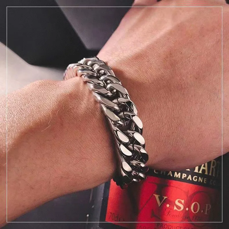 1Pcs New In Trendy Hip Hop Cuban Chain Men Bracelet Classic Stainless Steel 12mm Width Chain Bracelet For Men Women Jewelry Gift