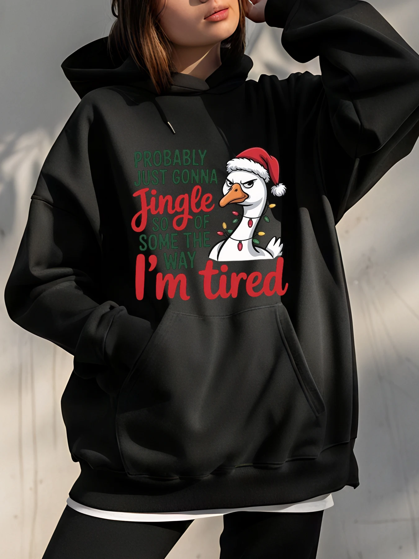 

Толстовка с рождественской уткой и праздничным принтом и дизайном шляпы Санты для повседневной зимней одежды