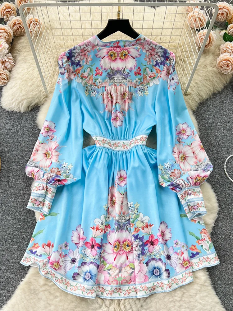 Spring Dresses 2024 Women Fashion Elegant Vintage Floral Print Dress V Neck Front Button Up Long Sleeve Holiday Mini Dress Woman