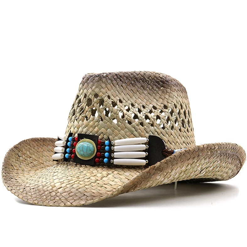 

Summer Outdoor Sun Protection Cowboy Straw Hat for Men Women Wide Brim Beach Cap Natural Salt Grass Handmade Crochet Sunhat