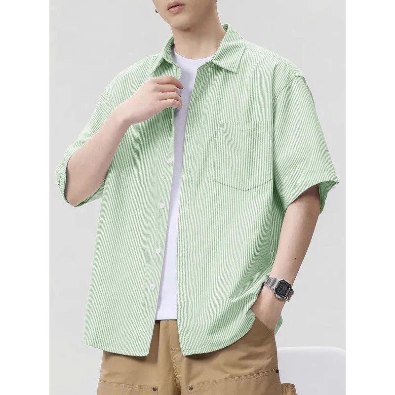 

Men's Summer Short-Sleeved Pinstripe Shirt Korean Casual Vintage Top Design Sense
