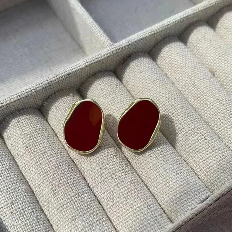Wine Red Color Bean Irregular Geometry Stud Earring for Women Korean Style Jewelry Brincos Wedding Girl Gift
